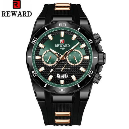 REWARD VIP | Men's Luxury Chronograph Watch | Black & Green Dial with Gold Accents | Waterproof Silicone Strap Quartz