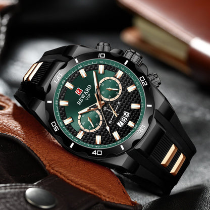 REWARD VIP | Men's Luxury Chronograph Watch | Black & Green Dial with Gold Accents | Waterproof Silicone Strap Quartz