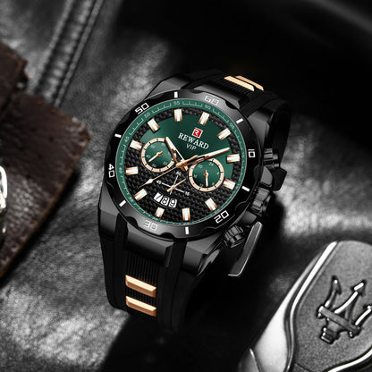 REWARD VIP | Men's Luxury Chronograph Watch | Black & Green Dial with Gold Accents | Waterproof Silicone Strap Quartz